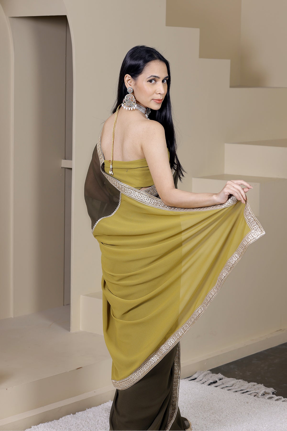 Gulaal Green Olive/Mustard Georgette Saree