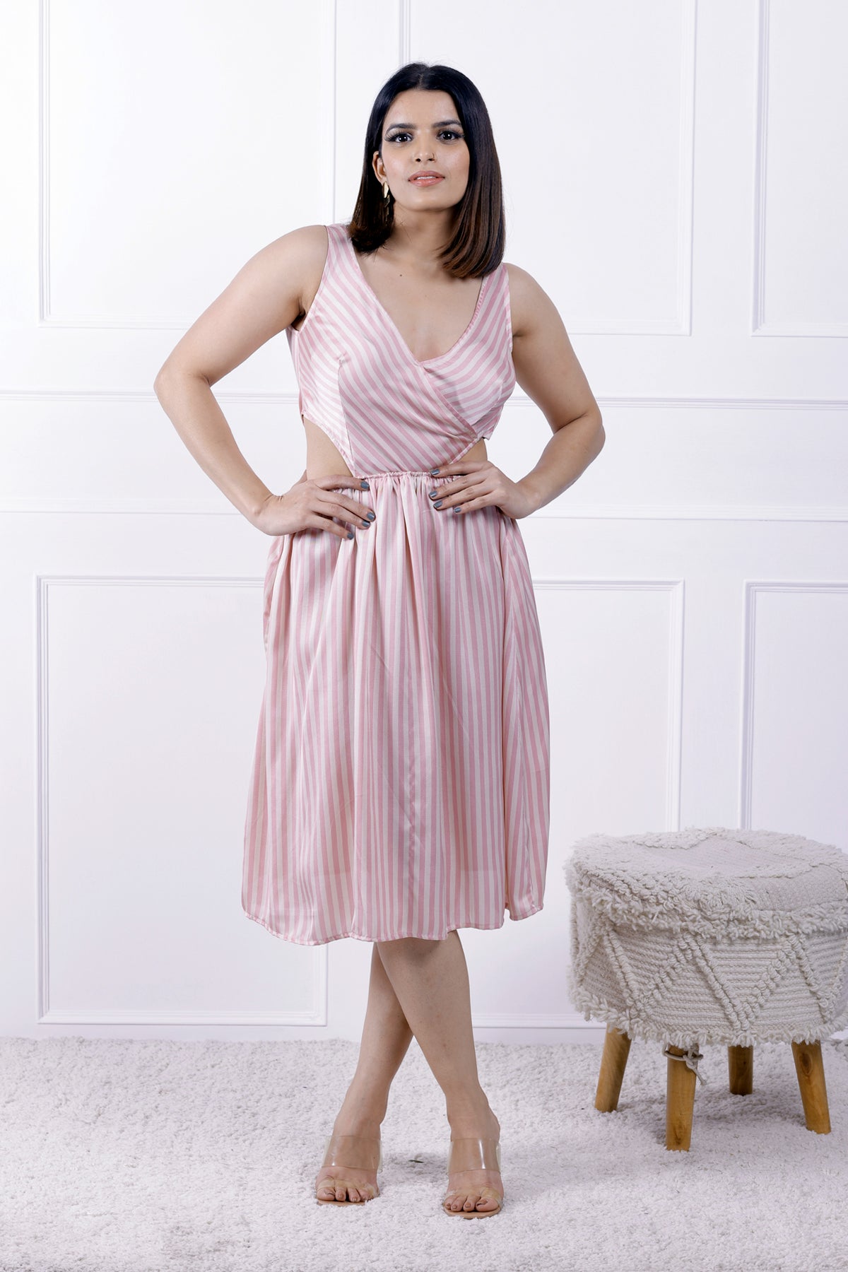 Dolled Up Stripes Plunging Neck Dress