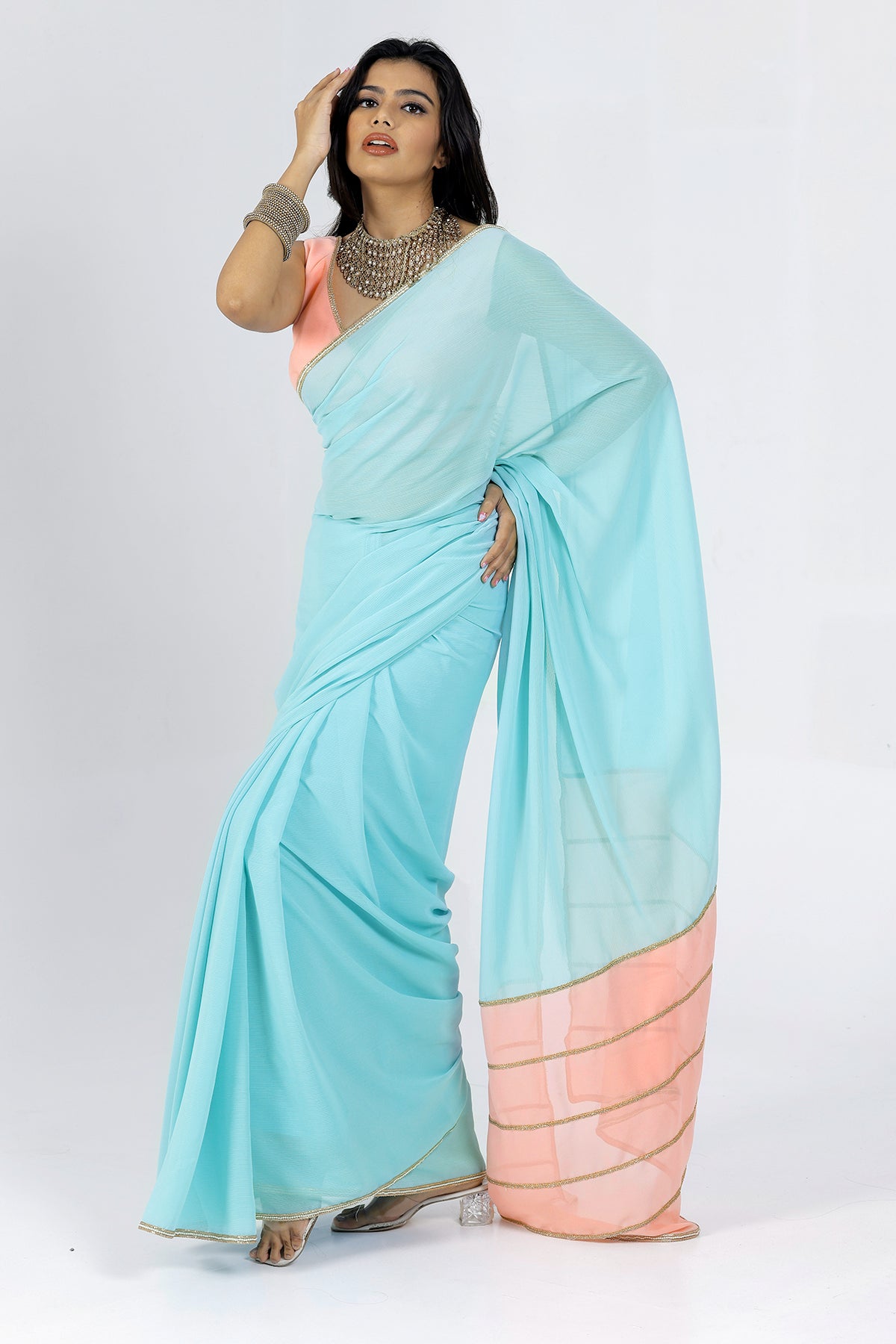 Gulaal Blue & Peach Chiffon Saree