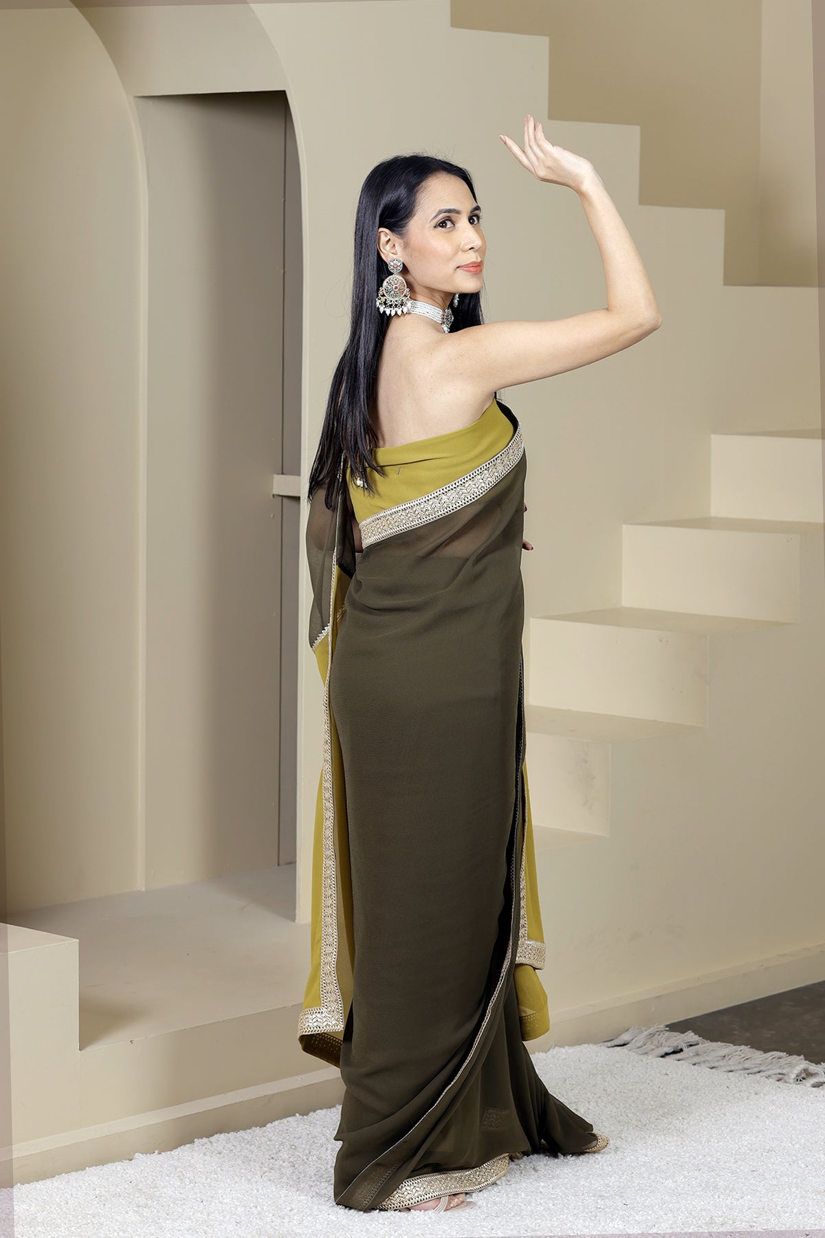 Gulaal Green Olive/Mustard Georgette Saree
