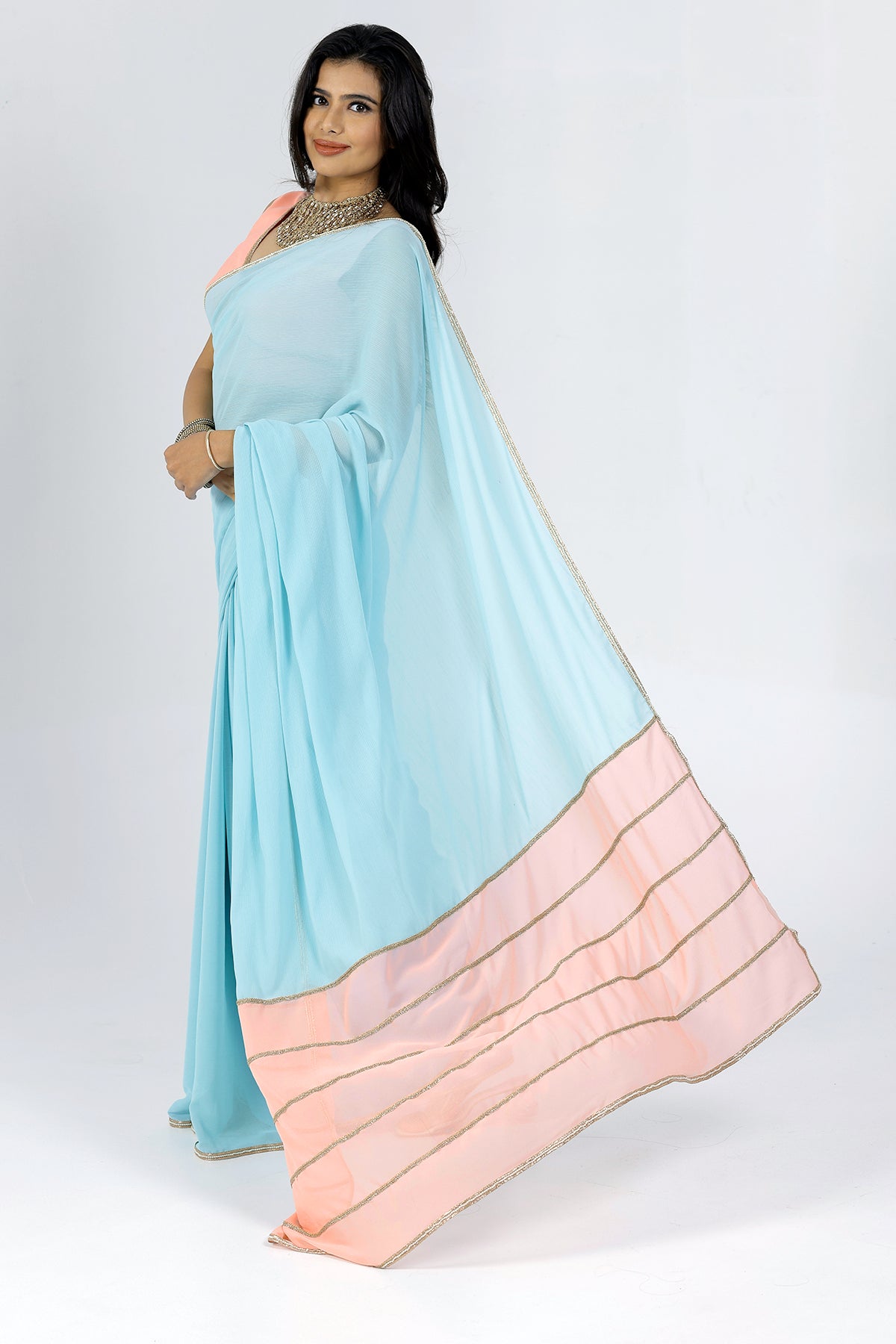 Gulaal Blue & Peach Chiffon Saree