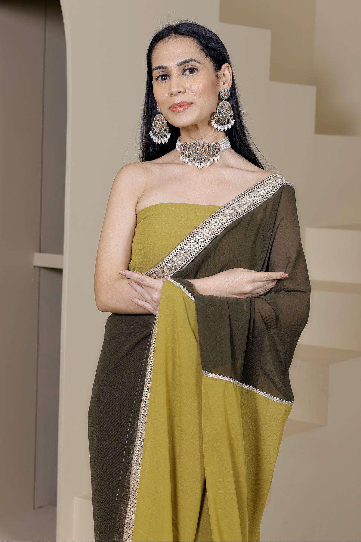 Gulaal Green Olive/Mustard Georgette Saree