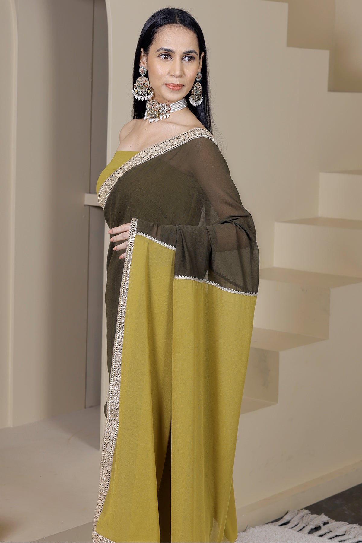 Gulaal Green Olive/Mustard Georgette Saree