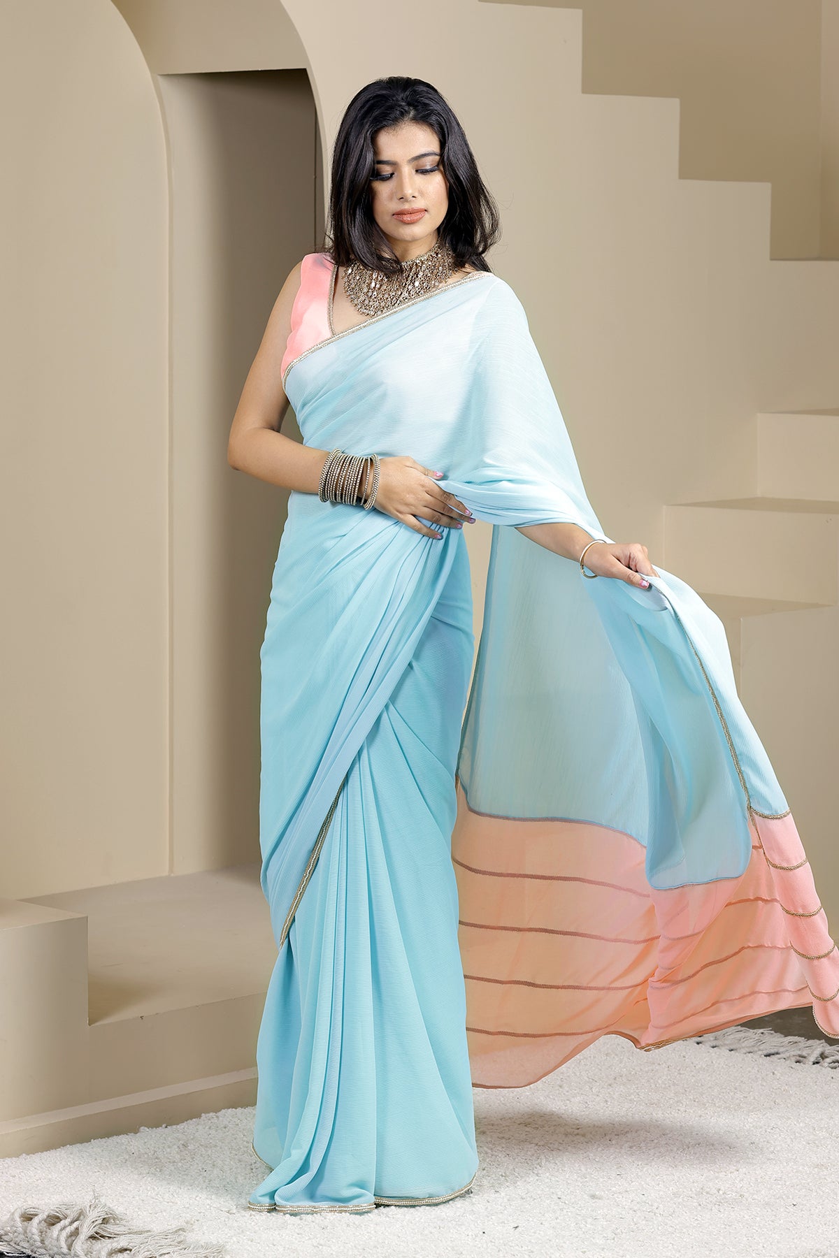 Gulaal Blue & Peach Chiffon Saree