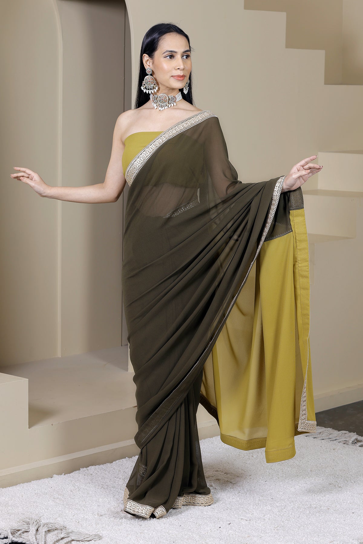 Gulaal Green Olive/Mustard Georgette Saree