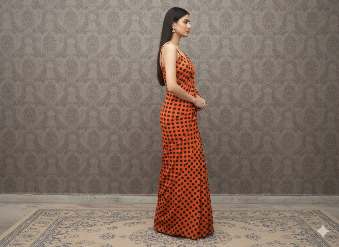 Candy Orange Polka Dot Saree With Matching Blouse