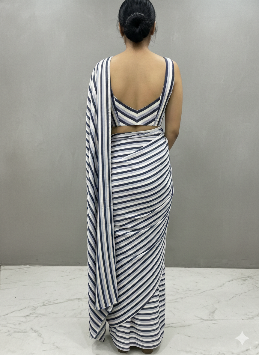 Candy Blues Stripes Saree With Matching Blouse