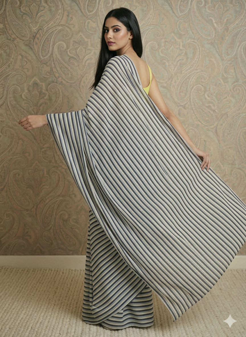 Candy Blues Stripes Saree With Yellow Blouse