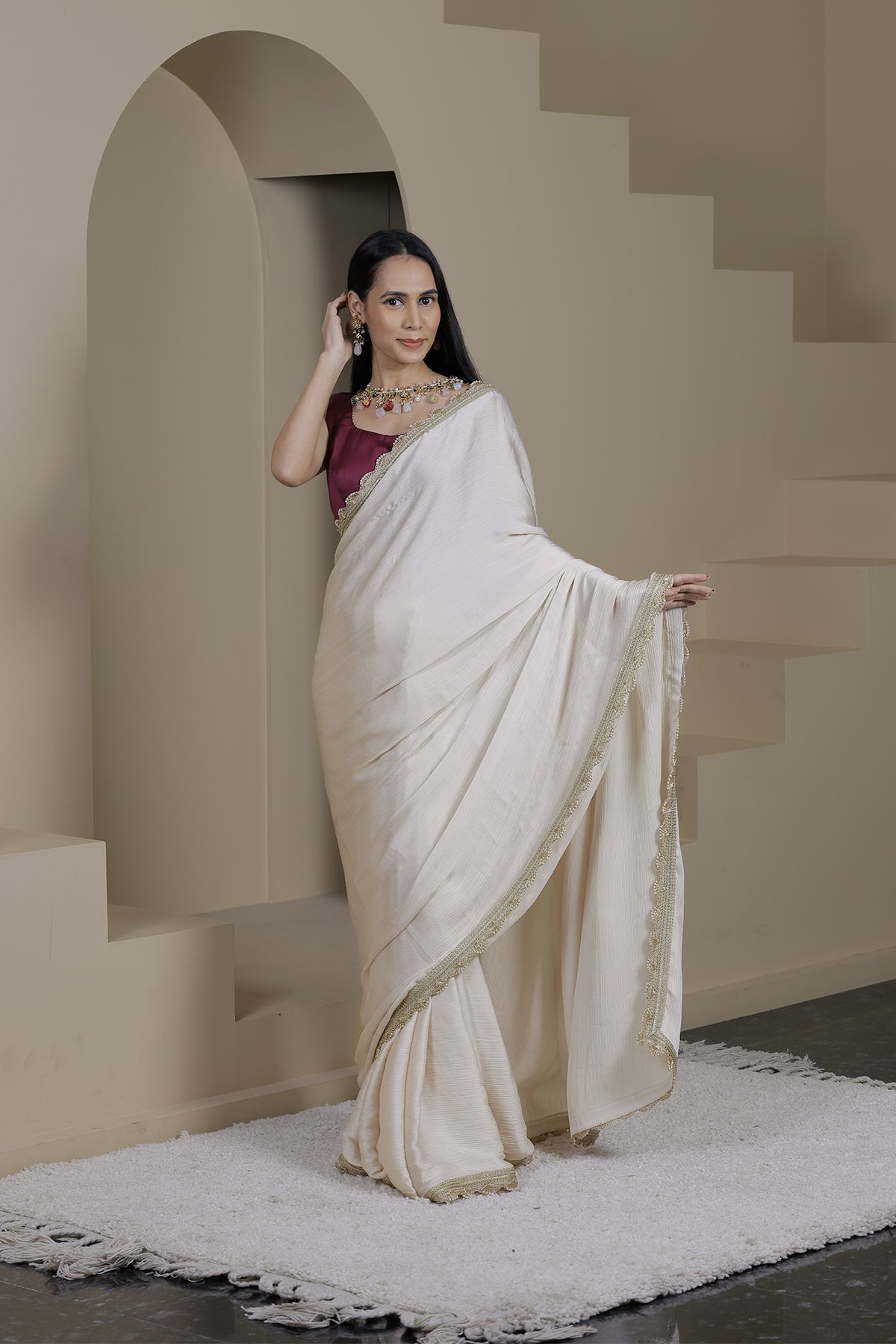 Gulaal Off-White Satin Chiffon Saree