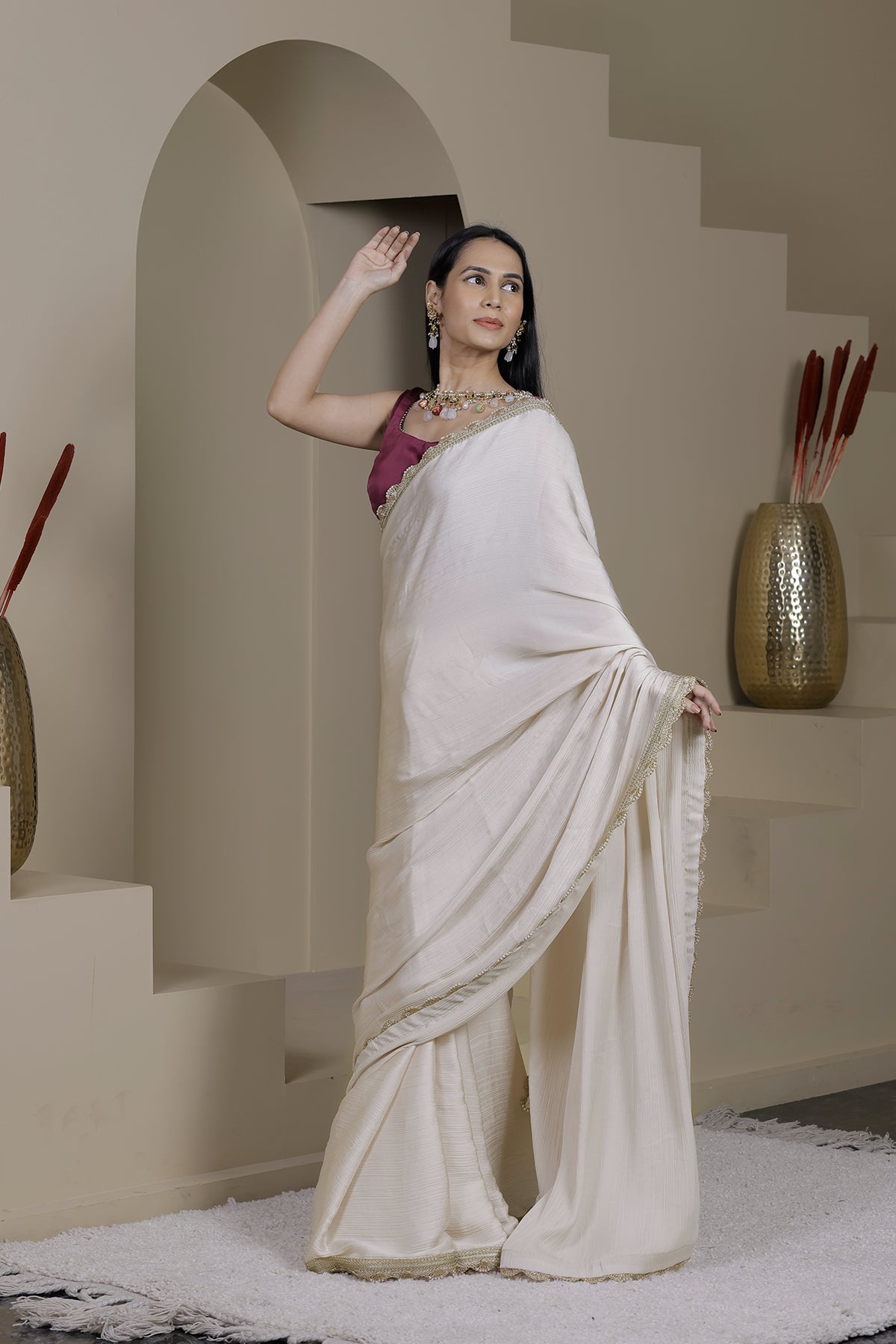 Gulaal Off-White Satin Chiffon Saree