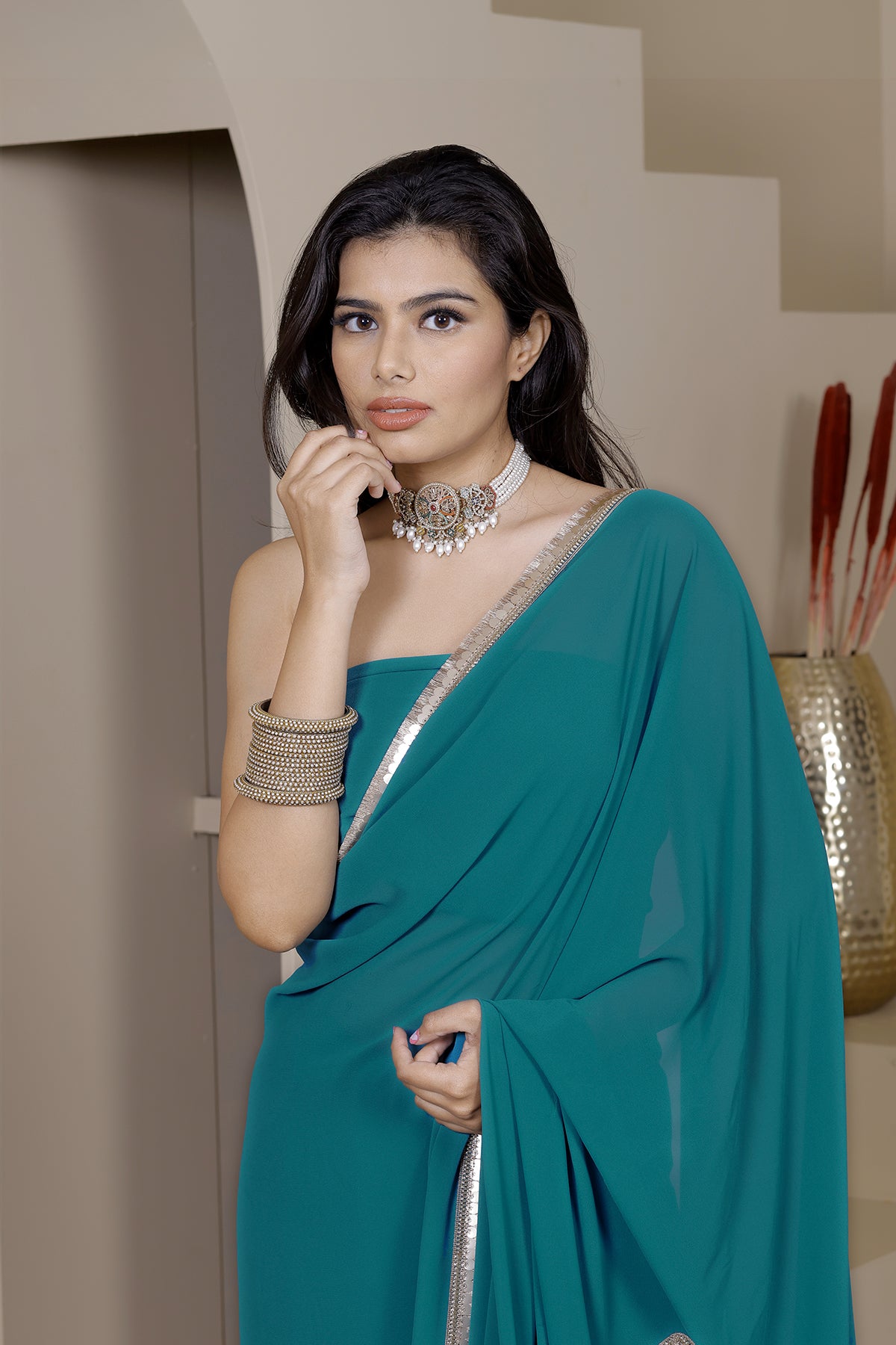 Gulaal Teal Green Georgette Saree