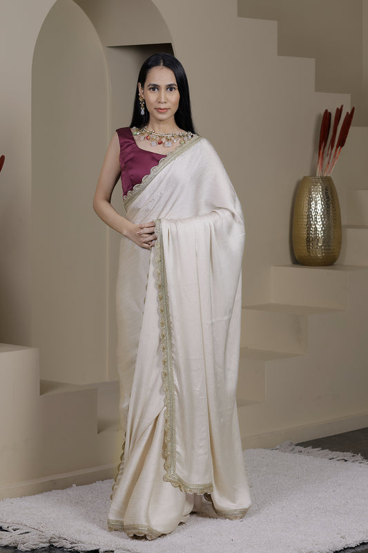 Gulaal Off-White Satin Chiffon Saree