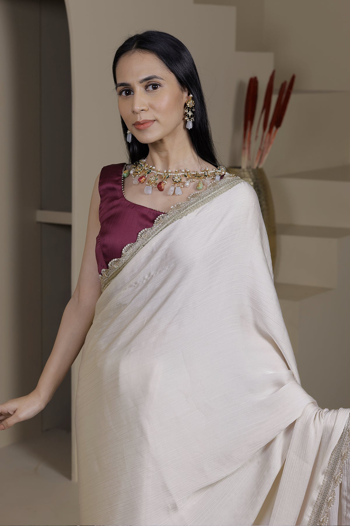 Gulaal Off-White Satin Chiffon Saree