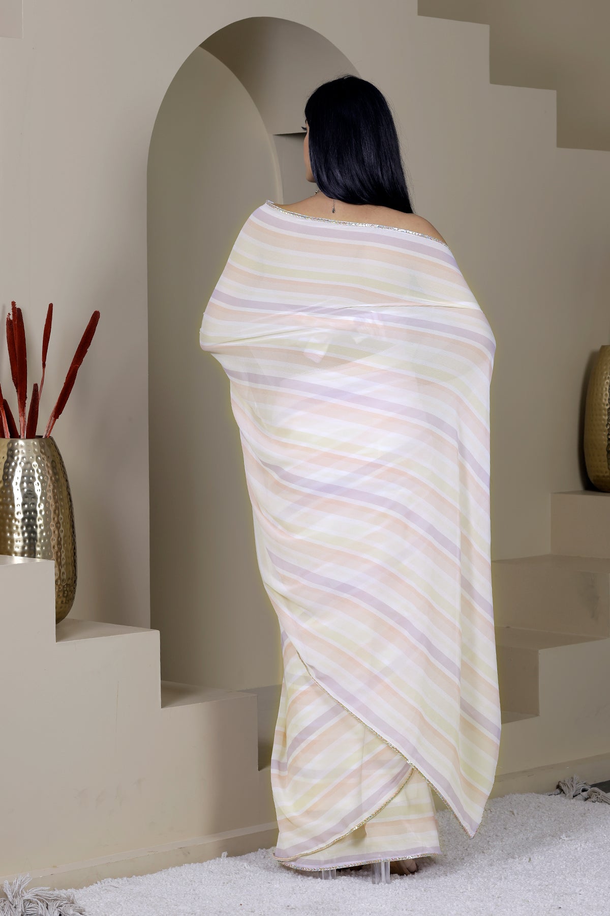 Suhani White Multicolor Lines Georgette Saree