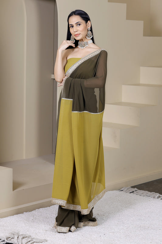 Gulaal Green Olive/Mustard Georgette Saree
