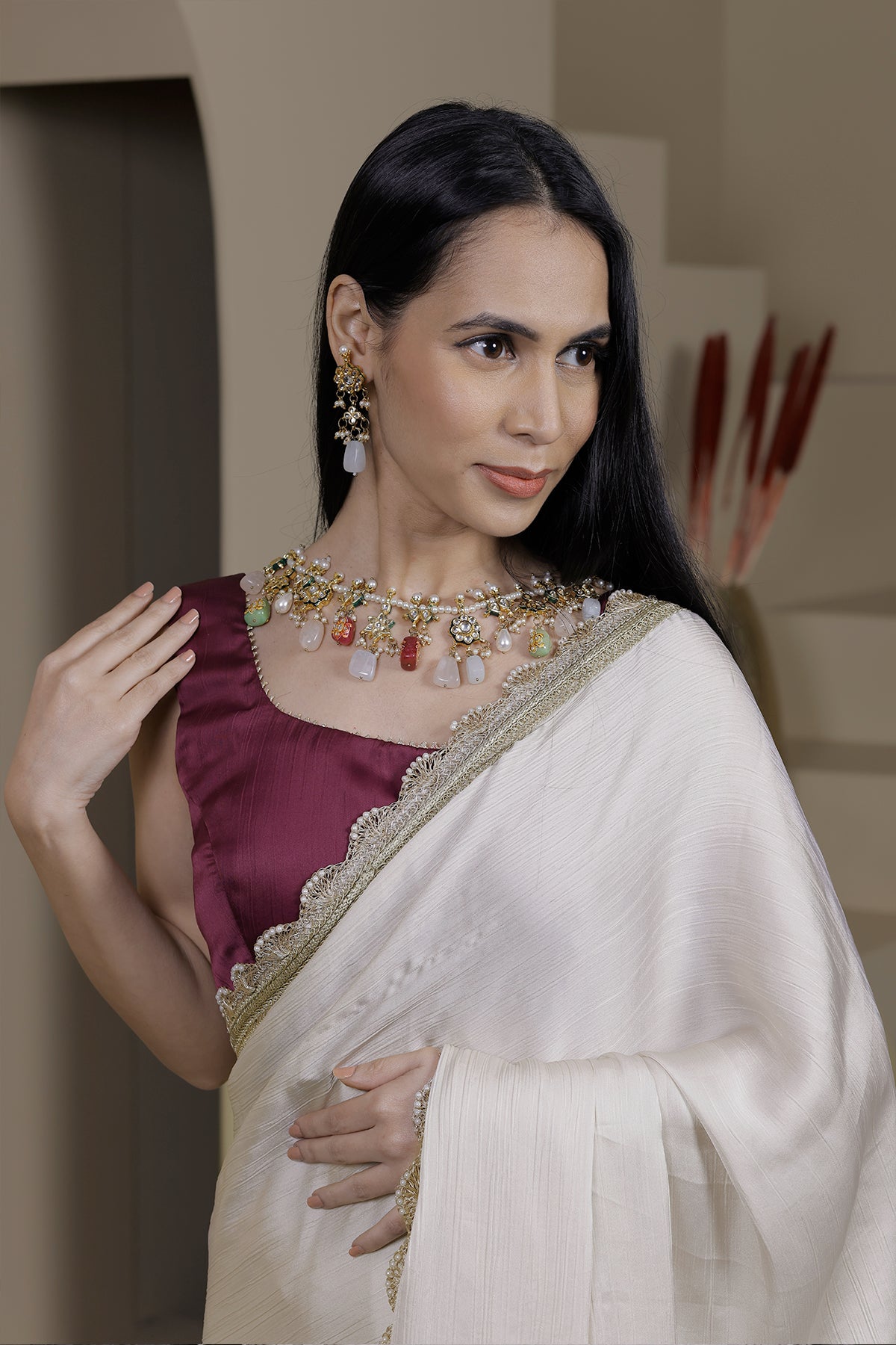 Gulaal Off-White Satin Chiffon Saree