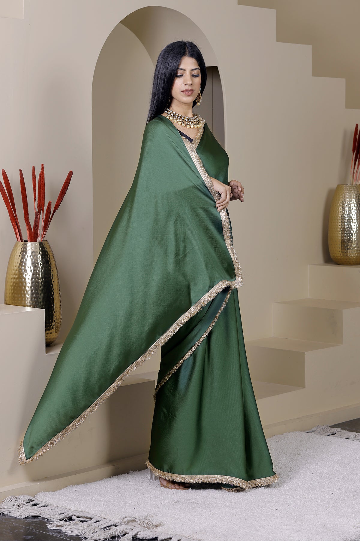 Gulaal Green Satin Crepe Saree