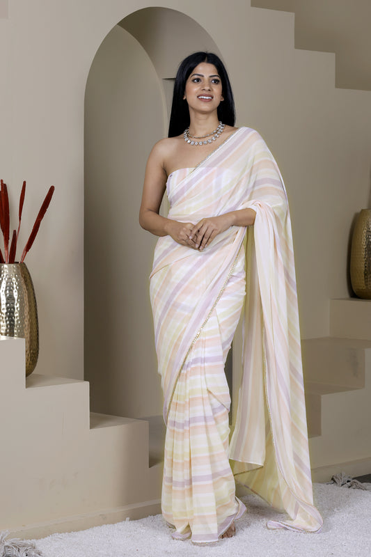 Suhani White Multicolor Lines Georgette Saree
