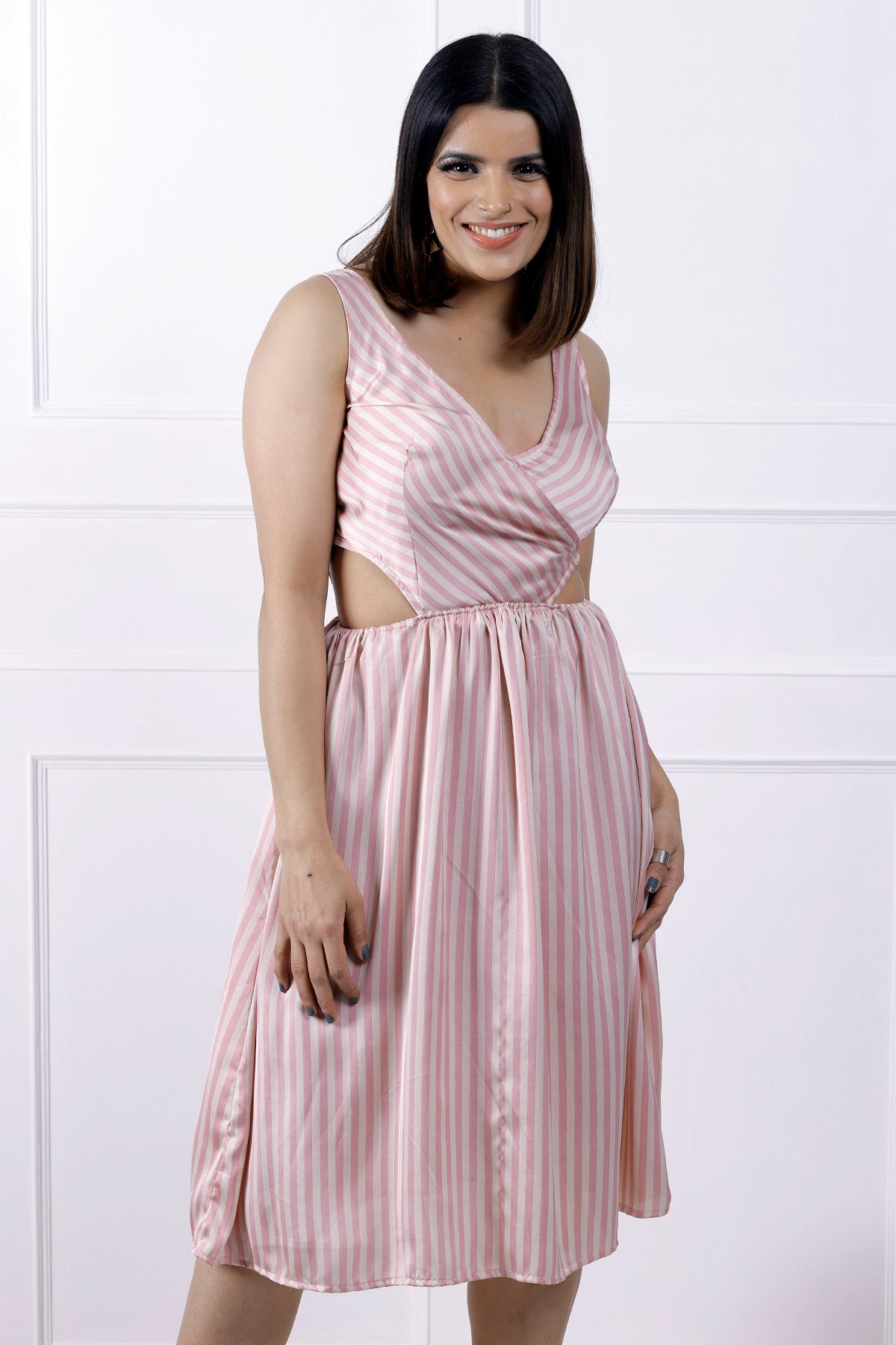 Dolled Up Stripes Plunging Neck Dress