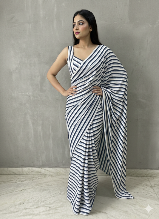 Candy Blues Stripes Saree With Matching Blouse