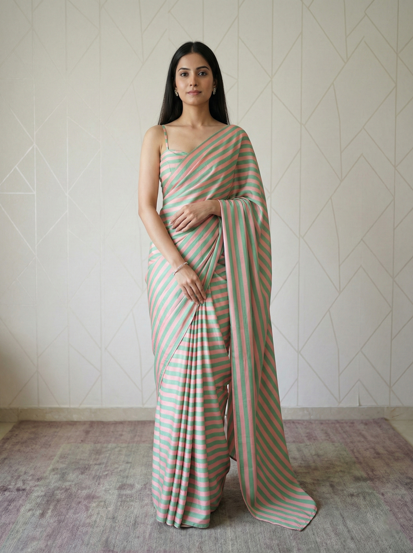 Candy Peach Green Stripes Saree With Matching Blouse