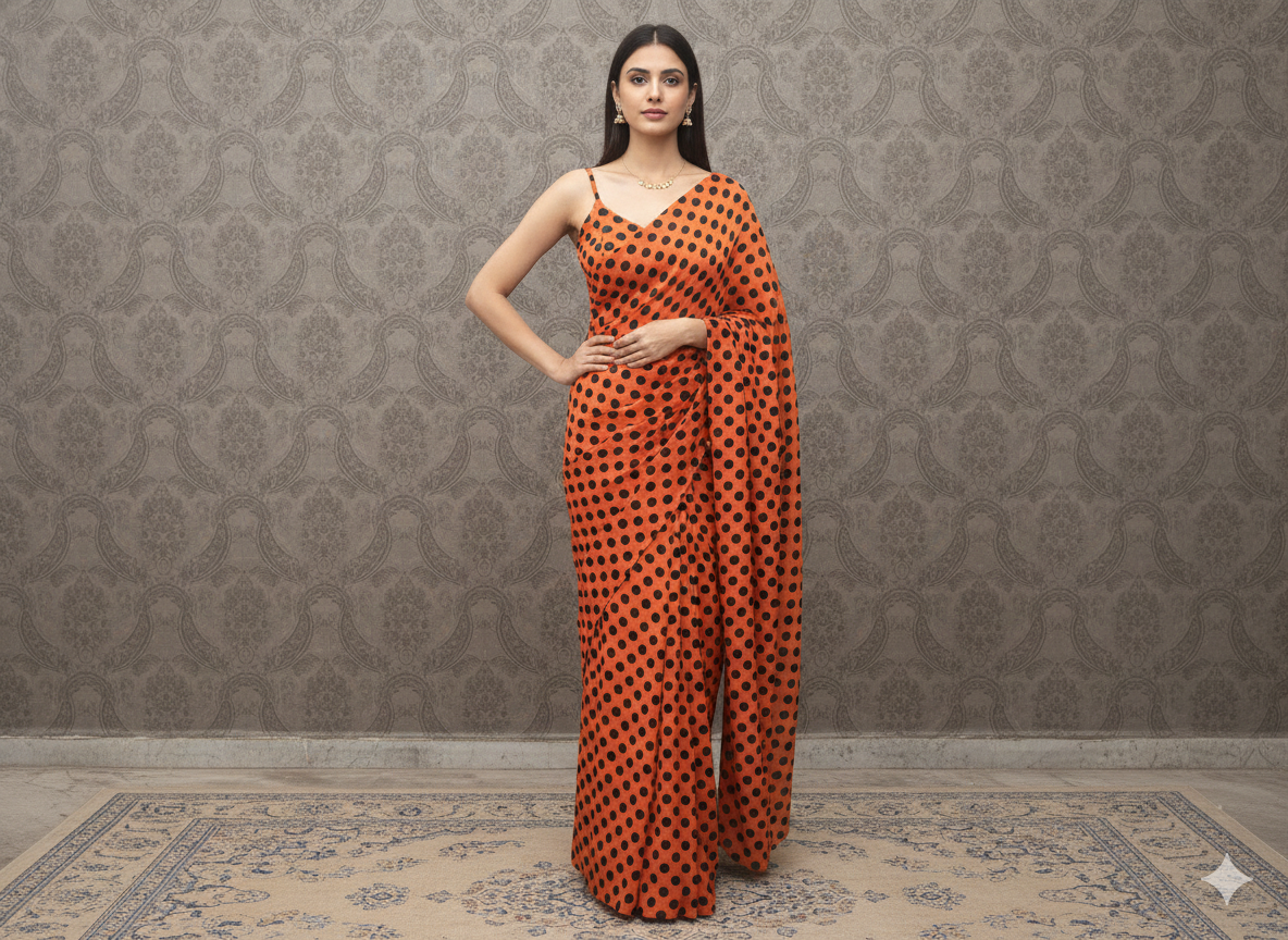 Candy Orange Polka Dot Saree With Matching Blouse