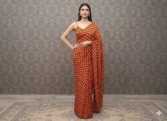 Candy Orange Polka Dot Saree With Matching Blouse