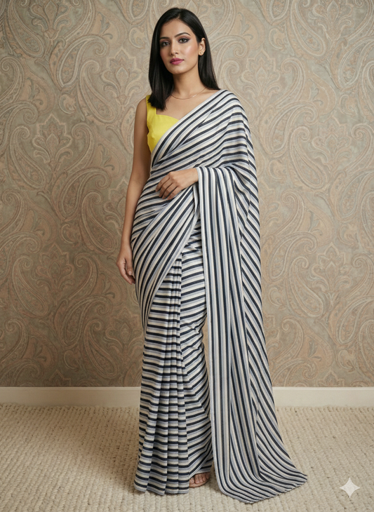 Candy Blues Stripes Saree With Yellow Blouse