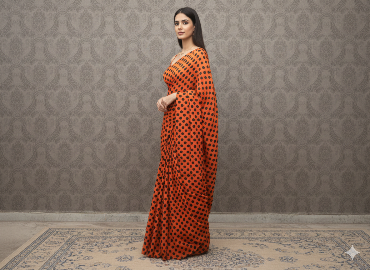 Candy Orange Polka Dot Saree With Matching Blouse