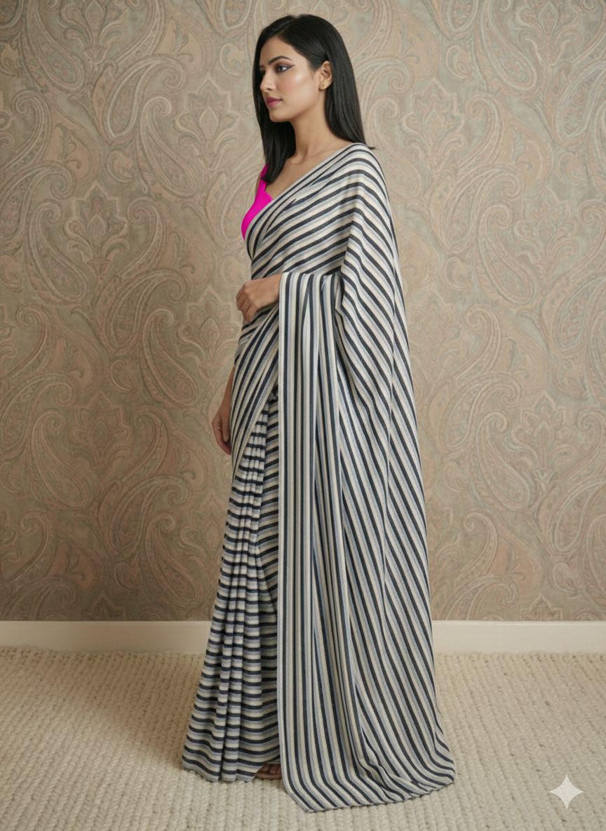 Candy Blues Stripes Saree With Pink Blouse