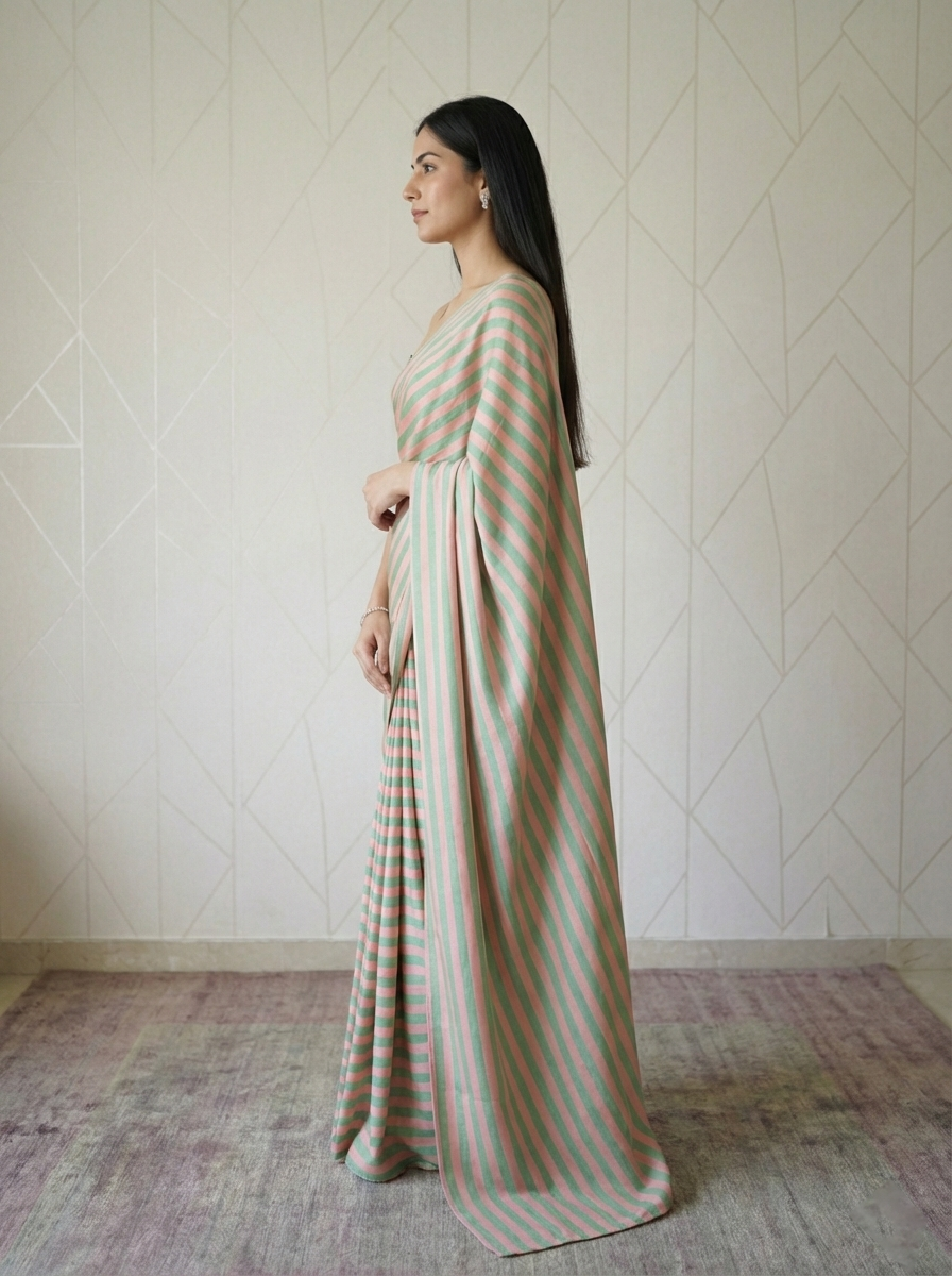 Candy Peach Green Stripes Saree With Matching Blouse