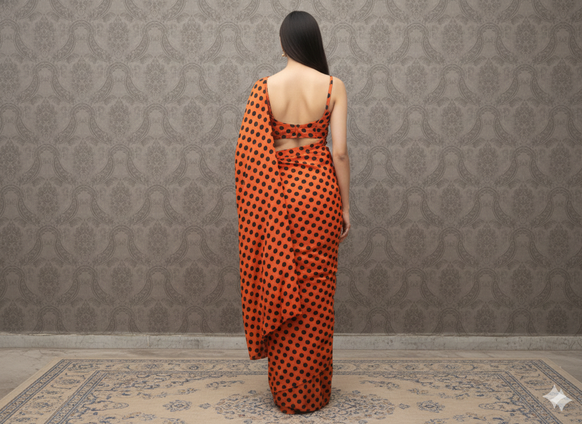 Candy Orange Polka Dot Saree With Matching Blouse