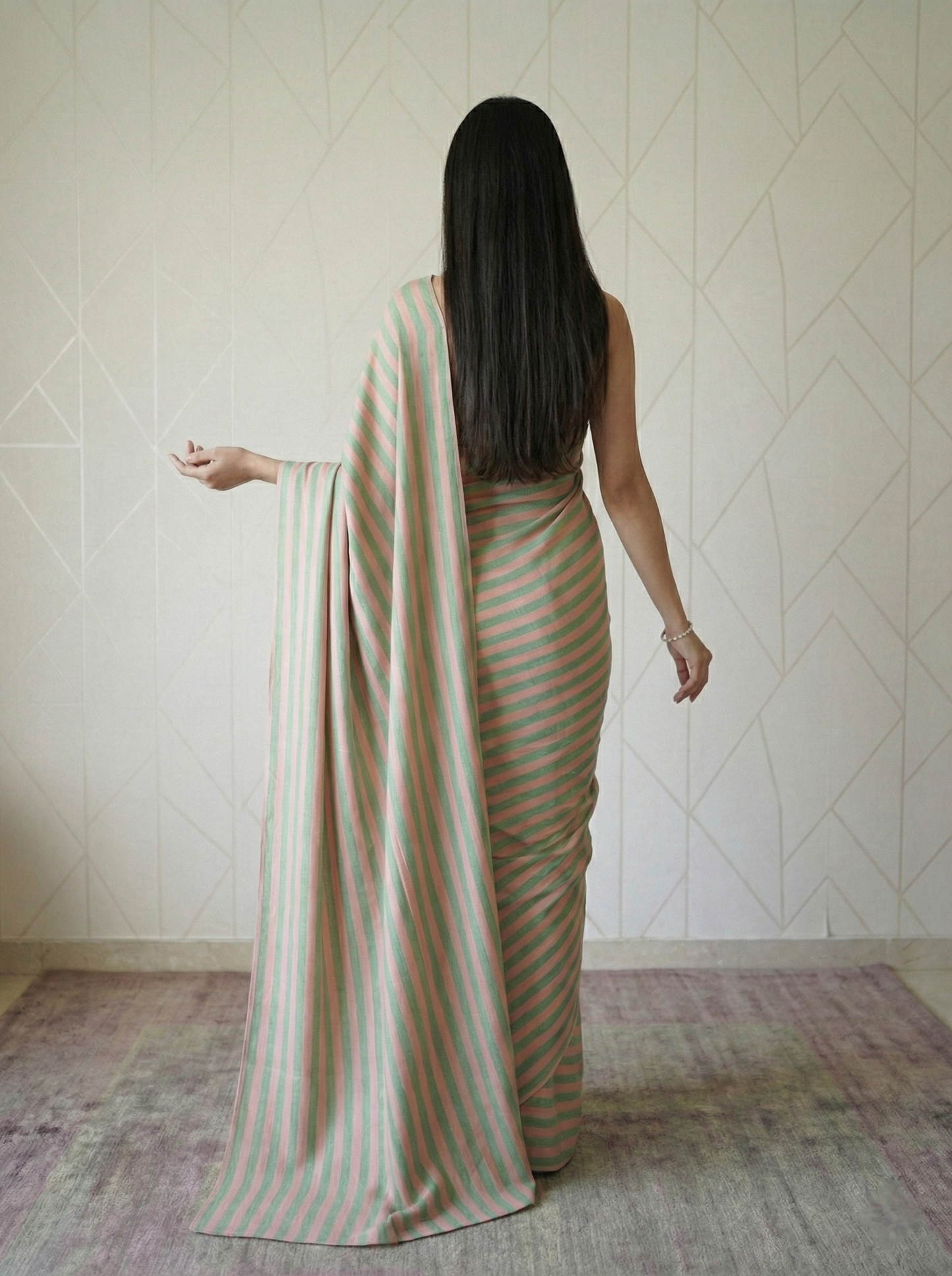 Candy Peach Green Stripes Saree With Matching Blouse