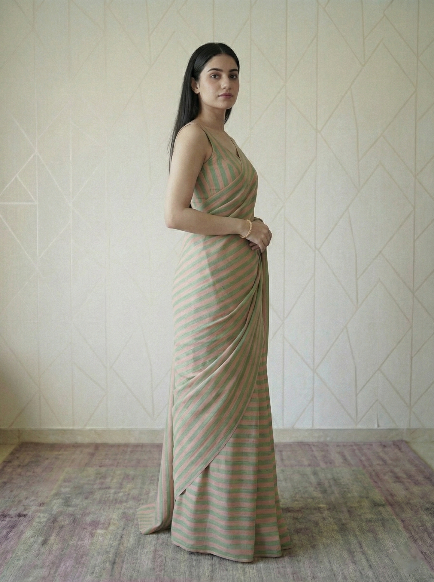 Candy Peach Green Stripes Saree With Matching Blouse