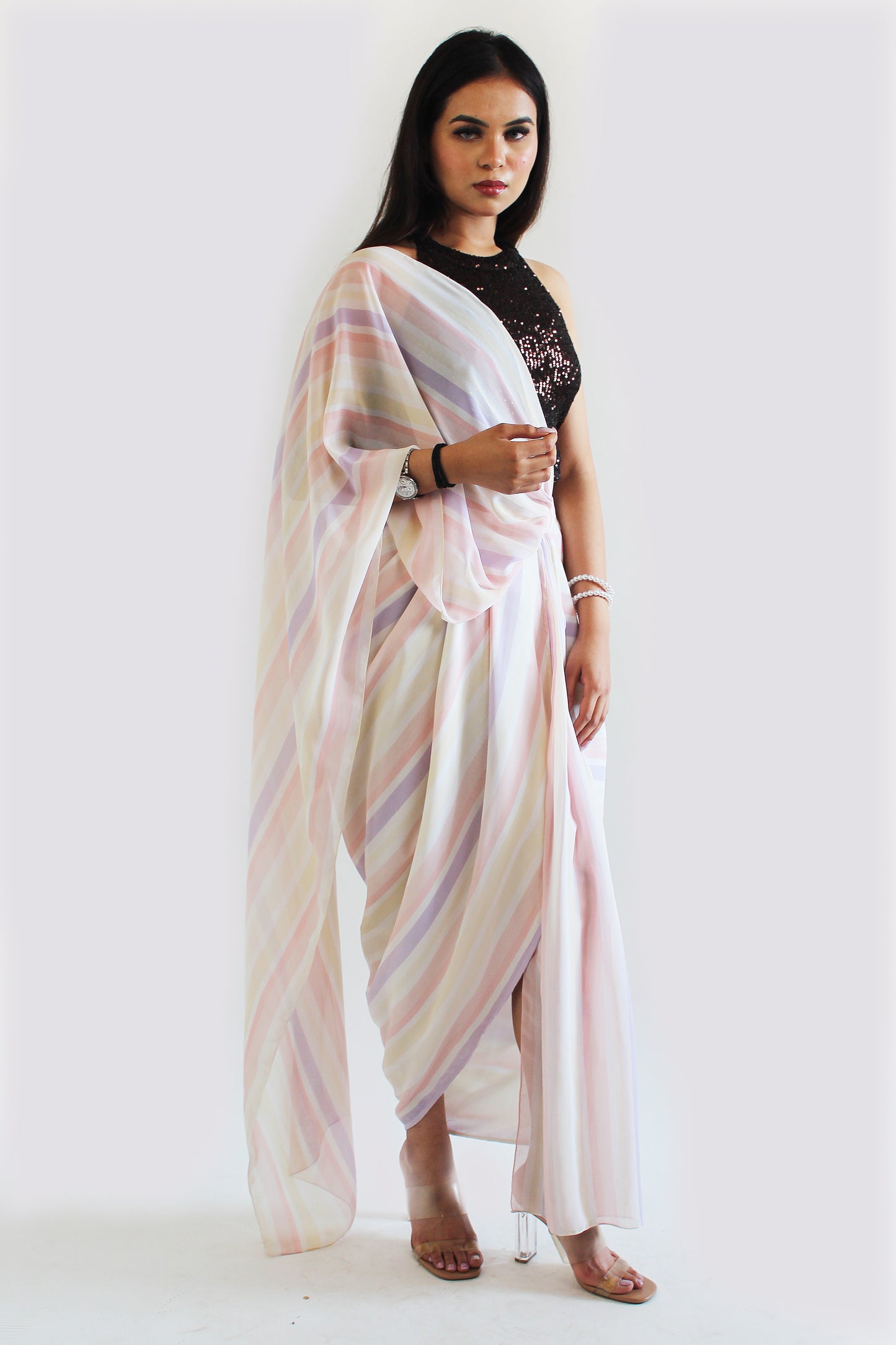 Pre-Stitched Chandni Saree With Unstitched Blouse Fabric