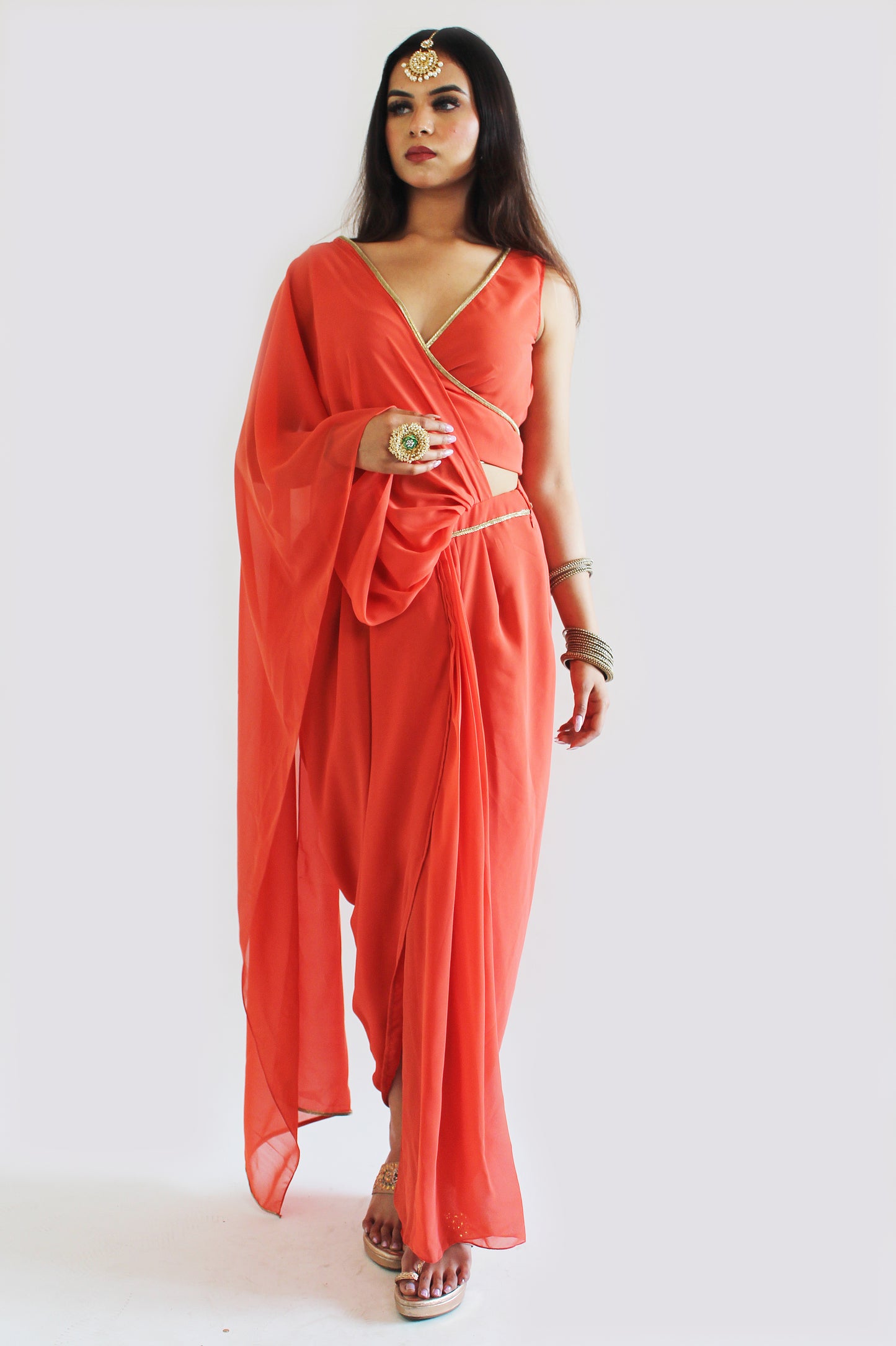 Pre-Stitched Genda Saree With Stitched Blouse