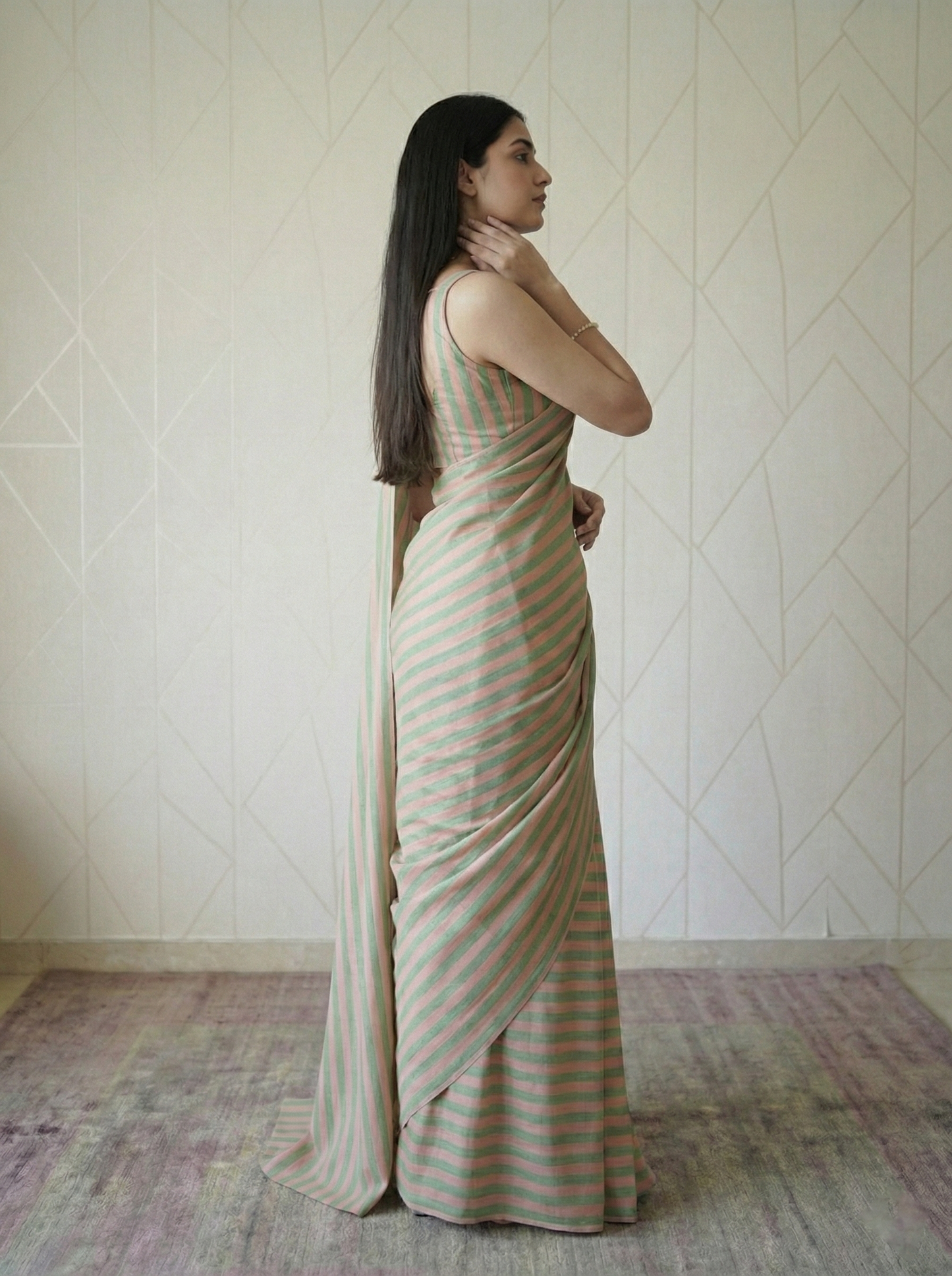 Candy Peach Green Stripes Saree With Matching Blouse