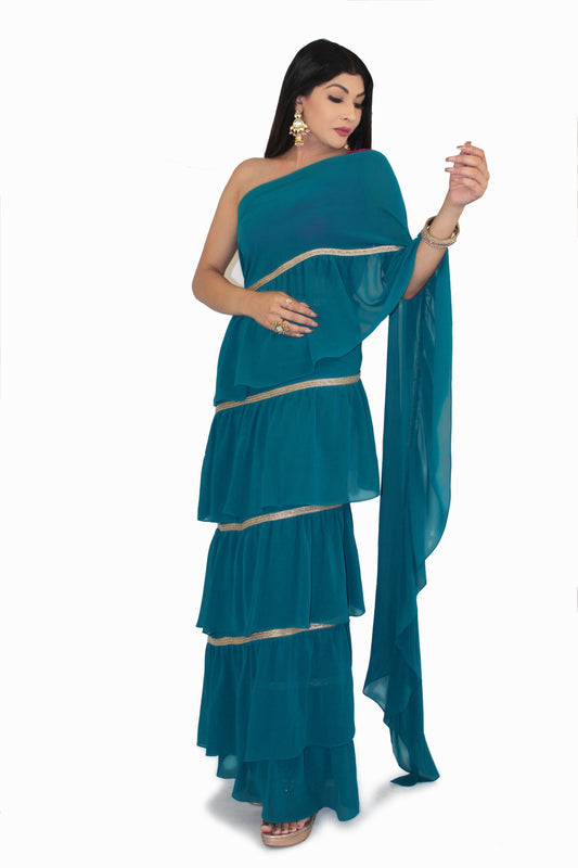 Pre-Stitched Laila Saree with One Shoulder Stitched Blouse