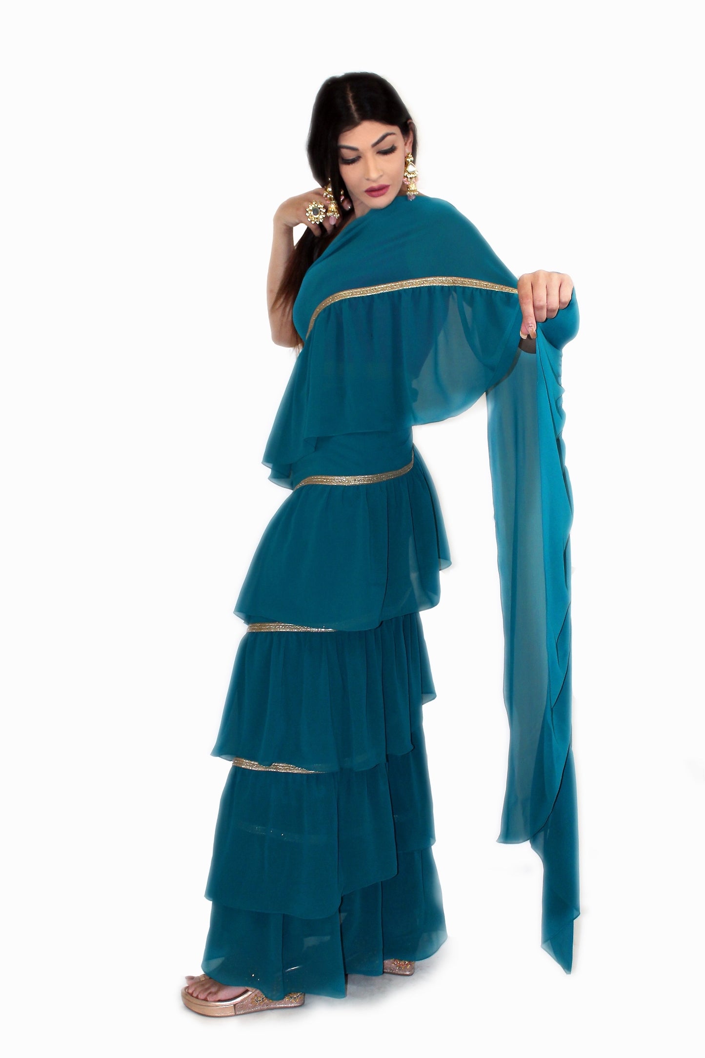 Pre-Stitched Laila Saree with One Shoulder Stitched Blouse